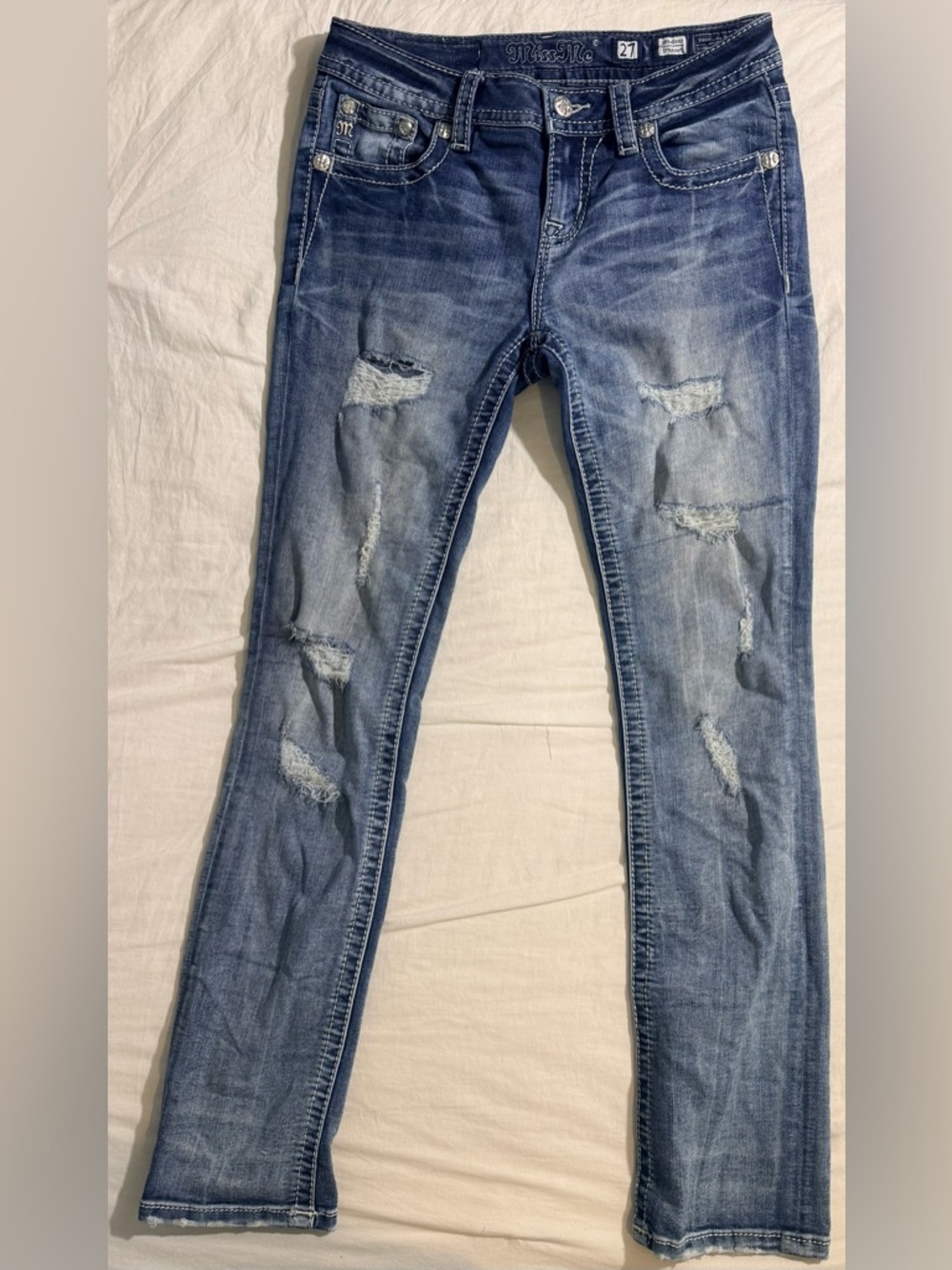 Miss Me Women’s Distressed Straight Leg Jeans Embellished Pockets Size 27